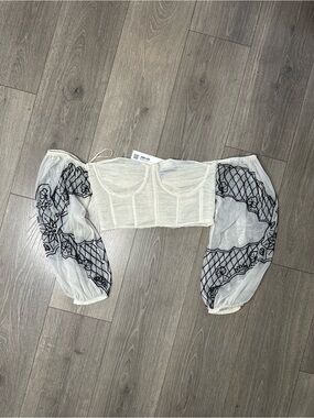 Zara Cream Crop Top with Black Embroidered Sheer Puff Sleeves